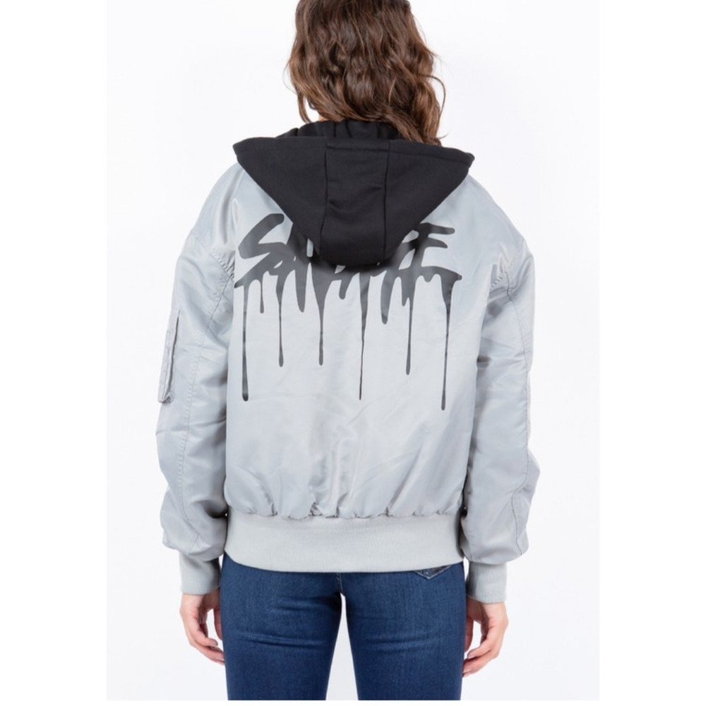 Gray Bomber Jacket with Ribbed Cuffs and Soft Cotton-Blend